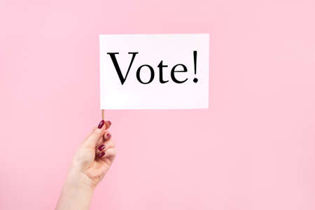 US elections, voting concept. Woman holding flag on a pink background.
