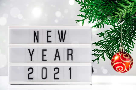 New Years concept 2021. Christmas tree and text on white background.の写真素材