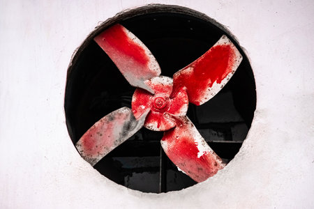 Big old red fan in the concrete wall.の写真素材