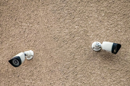 Two security surveillance cameras on wall of the building.