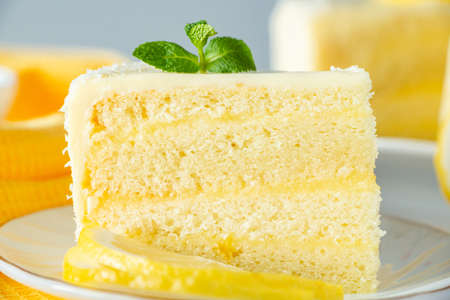 Piece of biscuit dessert  with lemon and coconut flakes. Layered vanilla cake on a white plate.の写真素材
