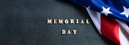 American flag on a dark background. USA Memorial Day concept. Remember and honor. Banner formatの写真素材
