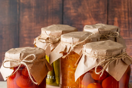 Jars of fermented vegetables on a wooden background. Home made canned cucumbers, tomatoes and sauerkraut.の写真素材