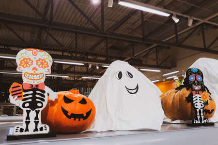 Decorations for Halloween and Day of the Dead in Mexico. Skeleton and fresh pumpkins. Scary decor to celebrate Dia Los Muertos. Thanksgiving and harvest.の写真素材