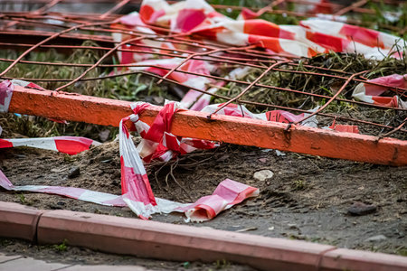 Broken warning tape. Aftermath of public unrest in the city. Destroyed barricades and fences.の写真素材