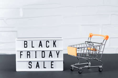 Sale and Black Friday concept. Mini shopping cart on a white background.