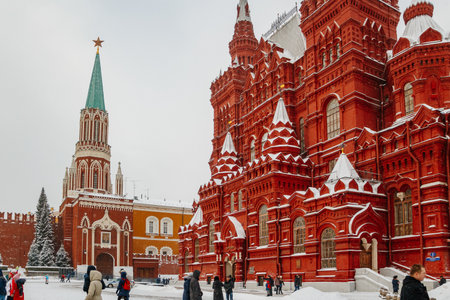 Tourists on Red Square in Moscow in winter. Travel to Russia in December and January. Landmark Kremlin. January 10, 2015 - Moscow, Russia.のeditorial素材