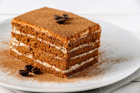 Traditional Italian dessert tiramisu on light background. Close-up tiramisu cake decorated with coffee beans. Slice of coffee cake on white plate.の写真素材