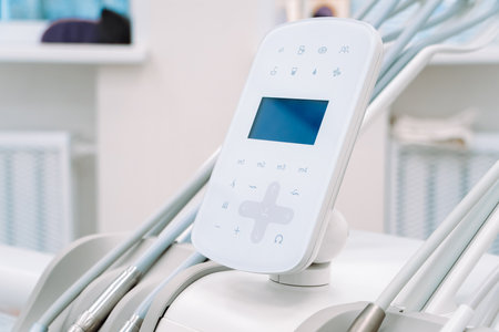Modern dental equipment in dentist clinic. Dentists tools for treatment and surgery of teeth. Special medical instruments.の写真素材