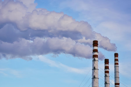 Air pollution. Thick smoke from chimneys in industrial plant. Manufacturing factory pollutes environment. Smoking chimneys against blue sky.の写真素材