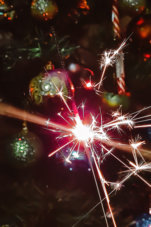 New Year celebration. Bright sparkler on background of Christmas tree. Vertical photoの写真素材