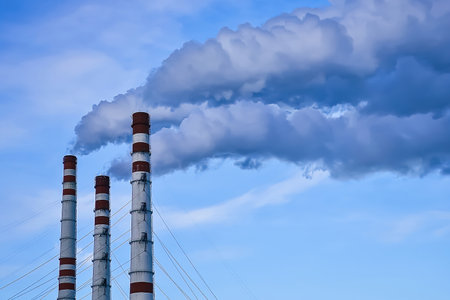 Air pollution. Thick smoke from chimneys in industrial plant. Manufacturing factory pollutes environment. Smoking chimneys against blue sky.の写真素材