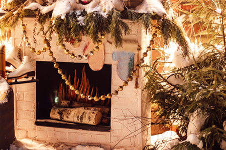 Christmas decor in backyard. Festive New Year decorations. Porch of house decorated for Christmas.の写真素材