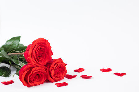 Bouquet of red roses and hearts on white background. Valentine's day February 14. Place for your text.の写真素材