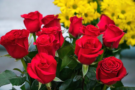 Bouquet of red roses in flower shop. Fresh scarlet roses close-up. Gift for Valentines day or birthday.の写真素材