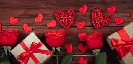 Gift boxes in craft paper and red roses on wooden background. Valentine's day, place for text. Banner formatの写真素材