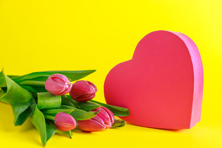 Tulips and pink heart on yellow background. Valentines day greeting card. Place for text.の写真素材