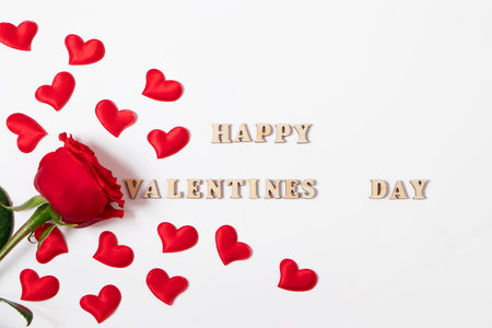 Valentine's day lettering. Red roses and hearts on white background.の写真素材