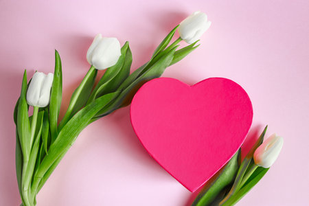 Valentine's day concept. Pink heart and white tulips. Greeting card, place for text.の写真素材