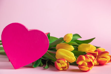 Tulips and pink heart. Valentines day greeting card. Place for text.の写真素材