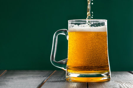 Beer is pouring into a mug on green background. Celebrating St. Patrick's Day. Traditional Irish drink.の写真素材