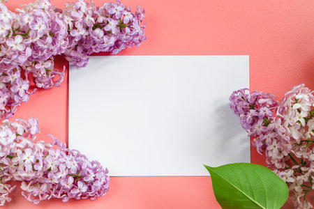 Lilac flowers and blank greeting card on coral background. Mockup for design, spring flatlay.の写真素材