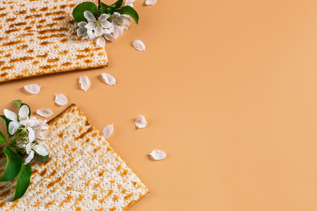 Traditional Jewish holiday Passover. Spring flowers and matzah bread on beige background. Copy...