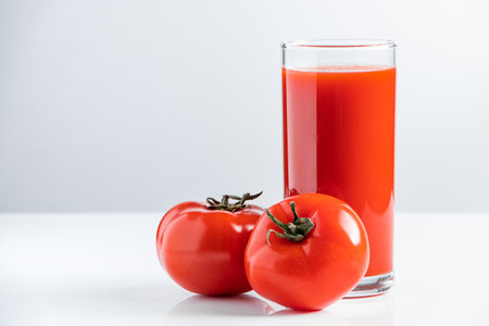 Diet tomato juice with parsley on a white background. Vegan vegetable smoothie.の写真素材
