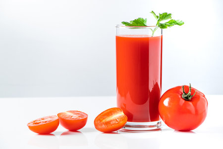 Diet tomato juice with parsley on a white background. Vegan vegetable smoothie.の写真素材