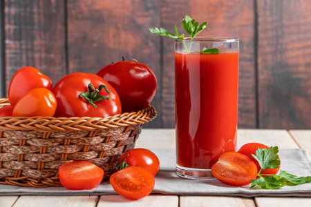 Diet tomato juice with parsley on a wooden background. Vegan vegetable smoothie.の写真素材