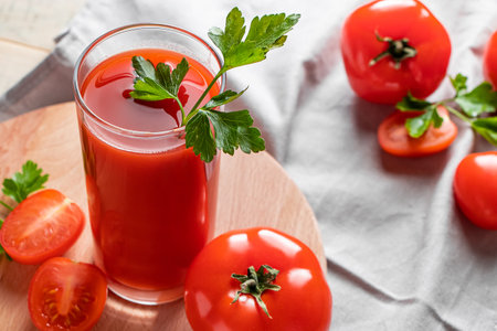 Fresh tomato juice on a wooden rustic background. Organic vegetable drink with parsley.の写真素材