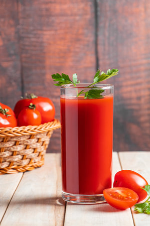 Fresh tomato juice on a wooden rustic background. Organic vegetable drink with parsley.の写真素材