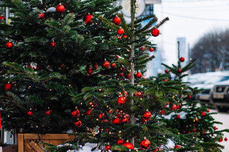 Christmas street decor. Festive trees with Christmas red balls. City decorations for New Year.の写真素材