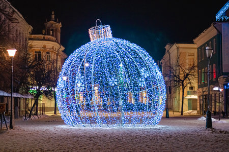 Huge Christmas ball with lights. Street Christmas decor.の写真素材