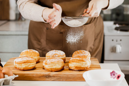 Woman prepares fresh donuts with jam in home kitchen. Cooking traditional Jewish Hanukkah sufganiyot. Hands sprinkle Berliners with powdered sugar.の写真素材