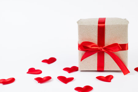 Gift boxes with red ribbon and hearts. Valentine's dayの写真素材