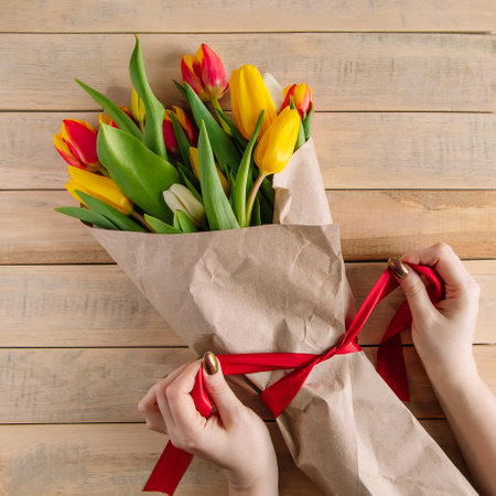 Woman florist ties red bow on large bouquet of colorful tulips. Fresh spring flowers on wooden background.の写真素材
