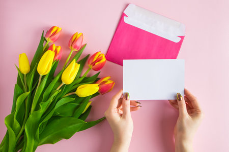 Woman holds greeting card in her hands. Gift for spring holiday. Bouquet of fresh tulips on pink background.の写真素材