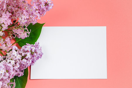 Lilac flowers and blank greeting card on coral background. Mockup for design, spring flatlay.の写真素材