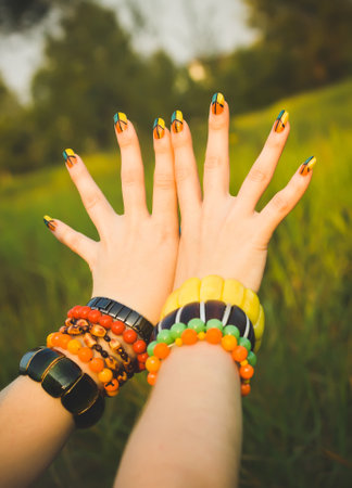 Beautiful ethnic bracelets on a hand.の写真素材