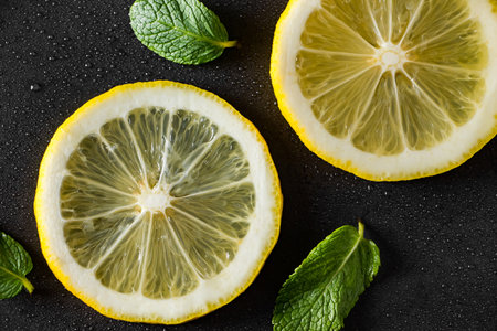 Fresh juicy lemon slices on a black background. Cocktail ingredient - mint leaves and lemon. Water drops on a ripe lemon. Food background.の写真素材