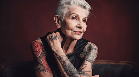 Old tattooed lady with tattoos posing. Generative AIの素材