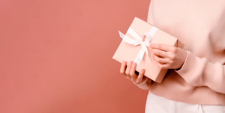 Close-up of unrecognizable woman offering a gift in her hands. copy space. concept of christmas, holiday, birthday, gift.の素材