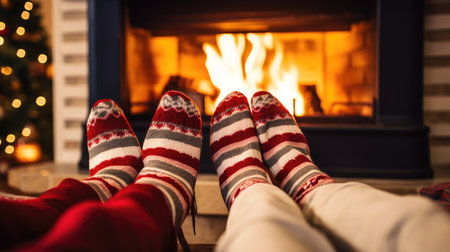 feet with socks next to a fireplace in winter. merry christmasの素材