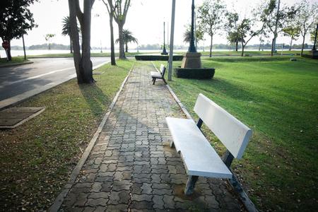 Wooden bench and a path in the parkの写真素材