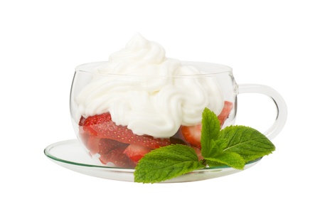 strawberries with whipped cream,isolated on a white backgroundの写真素材