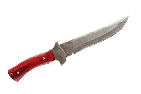 Old knife with a red handle, isolated on a white background