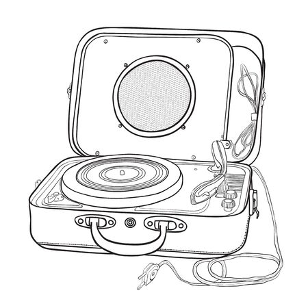Turntable in a suitcase.Black and white vector illustration.のイラスト素材