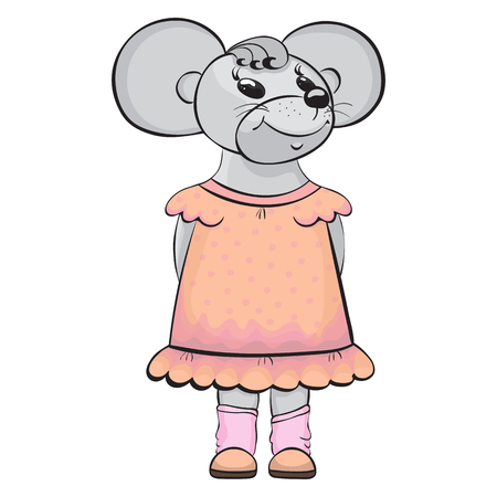 Cartoon merry mouse in peach dress .Vector illustrationのイラスト素材