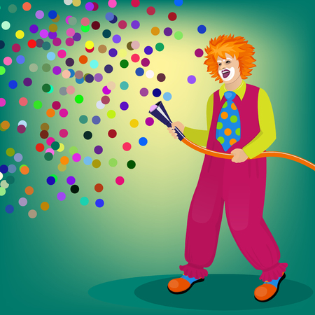 A cheerful clown in a red wig with confetti on a green background.のイラスト素材